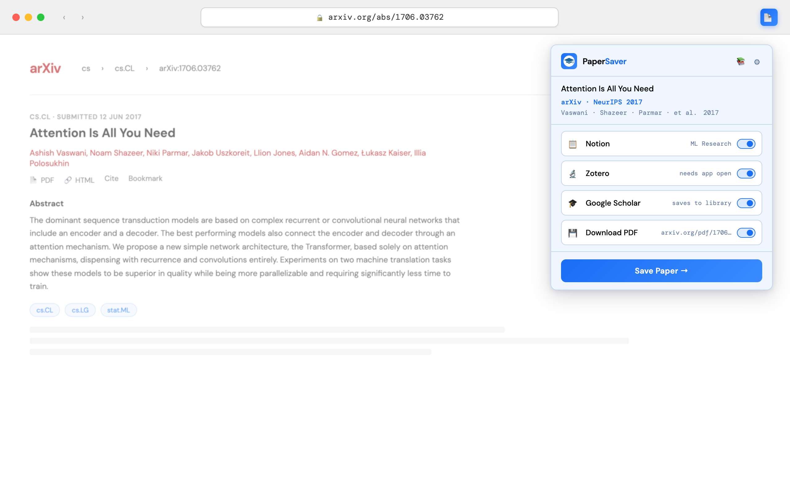 PaperSaver popup saving a paper